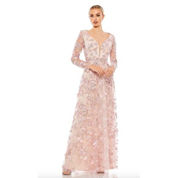 Mac Duggal 70224 Floral Applique Long Sleeve Illusion Gown Size 14 Rose PInk